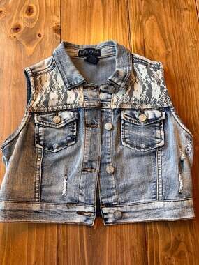 Wishful Park Distressed Denim Vest with Lace Accents